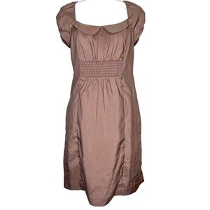 Anthropologie Marvel Brown Smocked Peter Pan Collar Shift Dress, pockets, Sz 10